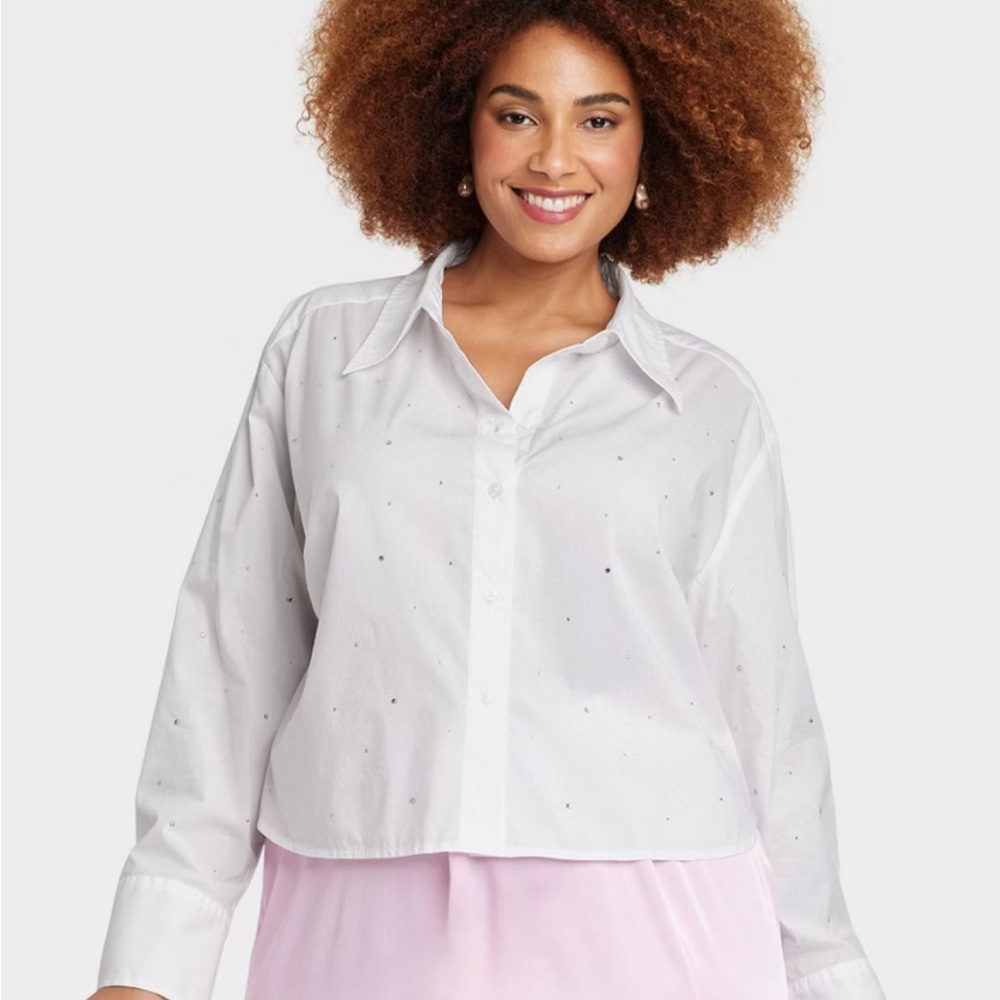 NEW Women's Rhinestones Long Sleeve Button-Down White Shirt -A New Day, Size 4X